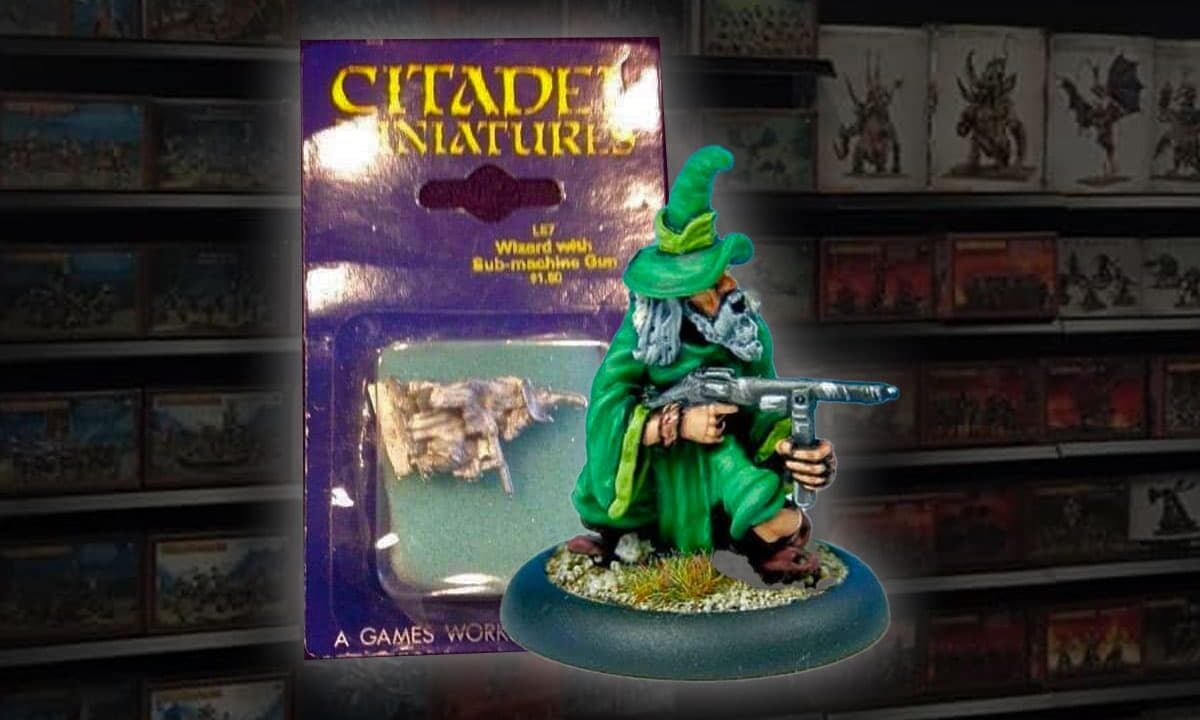 Wizard with sub machine gun paint miniature with store shelf background