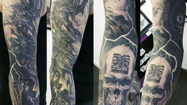 richard guy chaos tattoo arm sleeve