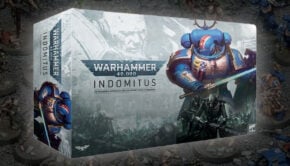 indomitus box product shot with painted miniatures in background warhammer 40k
