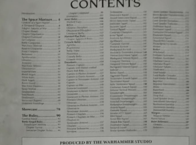 space marine table of contents