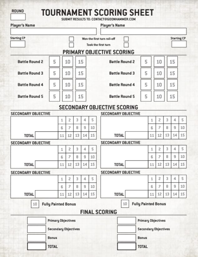 Free 9th Edition Warhammer 40k Printable Scoring Sheet