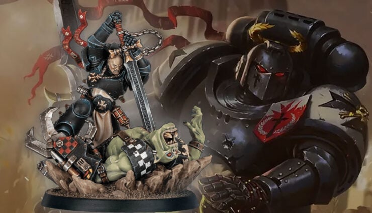 All The 40k Emperor's Champion Models Through the Years product shots Beyards Revenge painted model over art of swinging model in action on crusade warhammer 40k