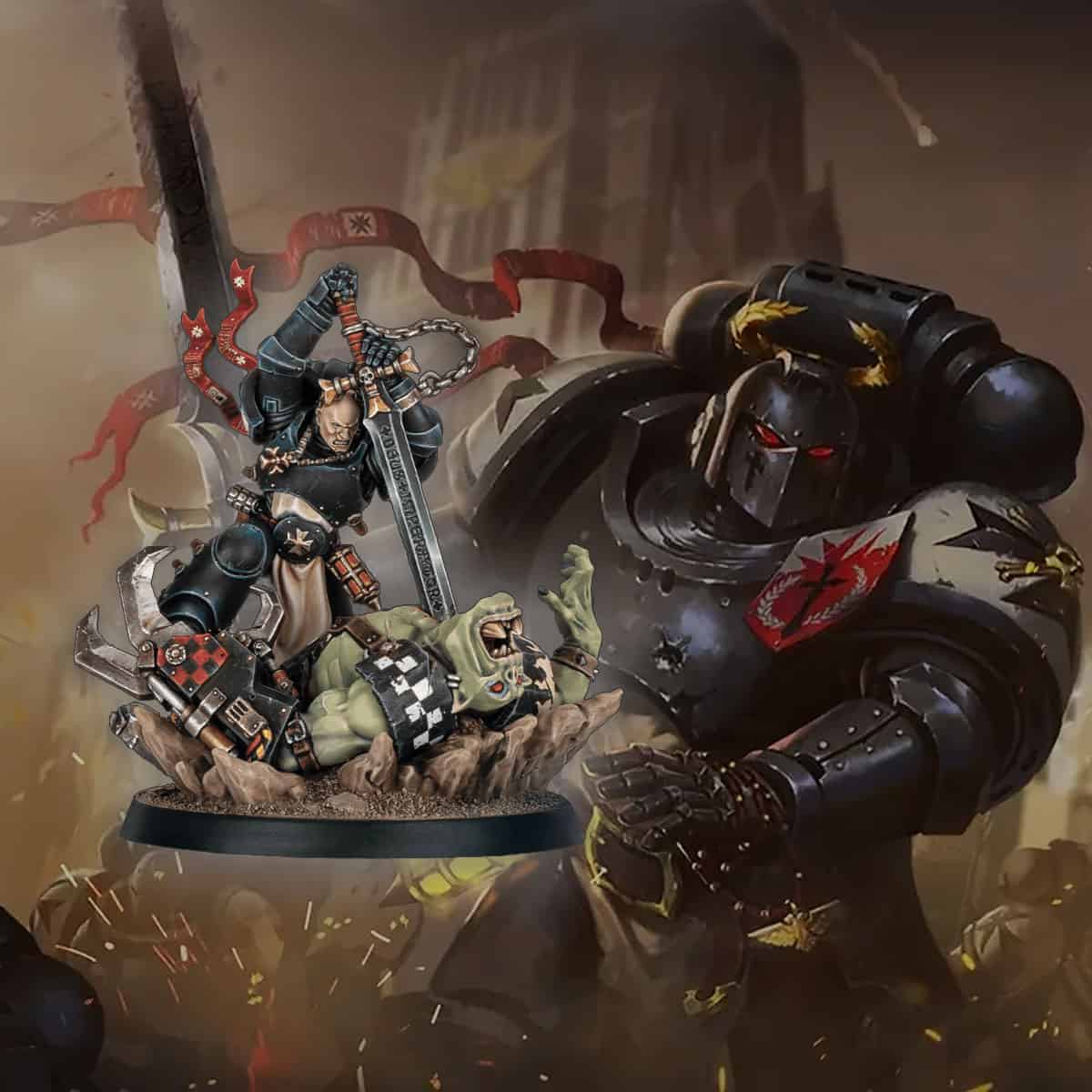 All The 40k Emperor's Champion Models Through the Years product shots Beyards Revenge painted model over art of swinging model in action on crusade warhammer 40k