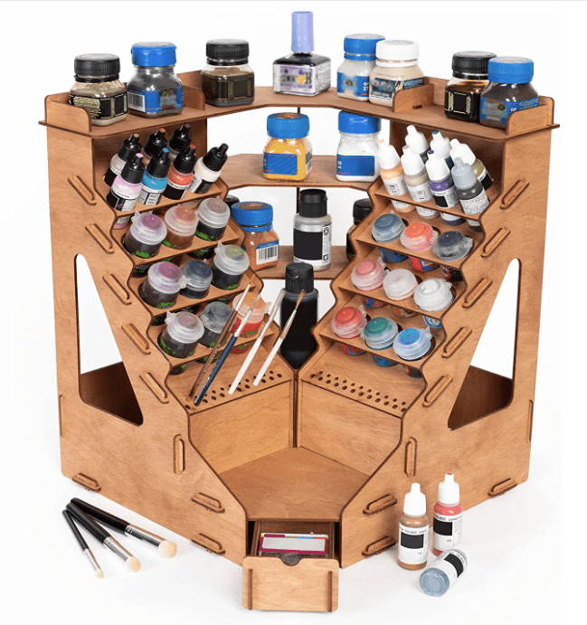 Rotating Carousel Paint Storage Rack Holds 48 Citadel/Vallejo/Army Painter Botlles Wooden Hobby & Craft Painting Station Organizer Caddy for D&D