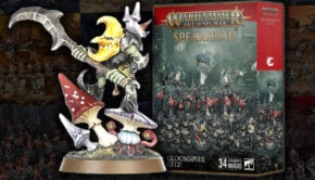 gloomspite gitz spearhead box product shot age of stgmar with painted model and artwork in background