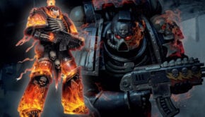 legion of the damned space marine artwork of marine on fire and one adfvancing though ruins warhammer 40k