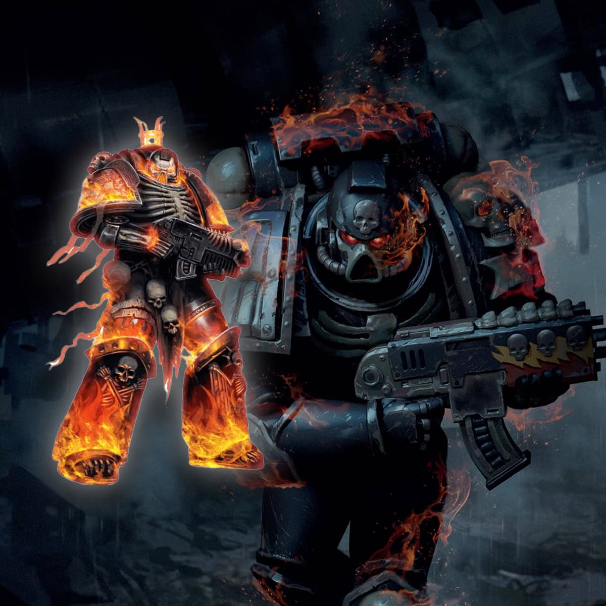 legion of the damned space marine artwork of marine on fire and one adfvancing though ruins warhammer 40k