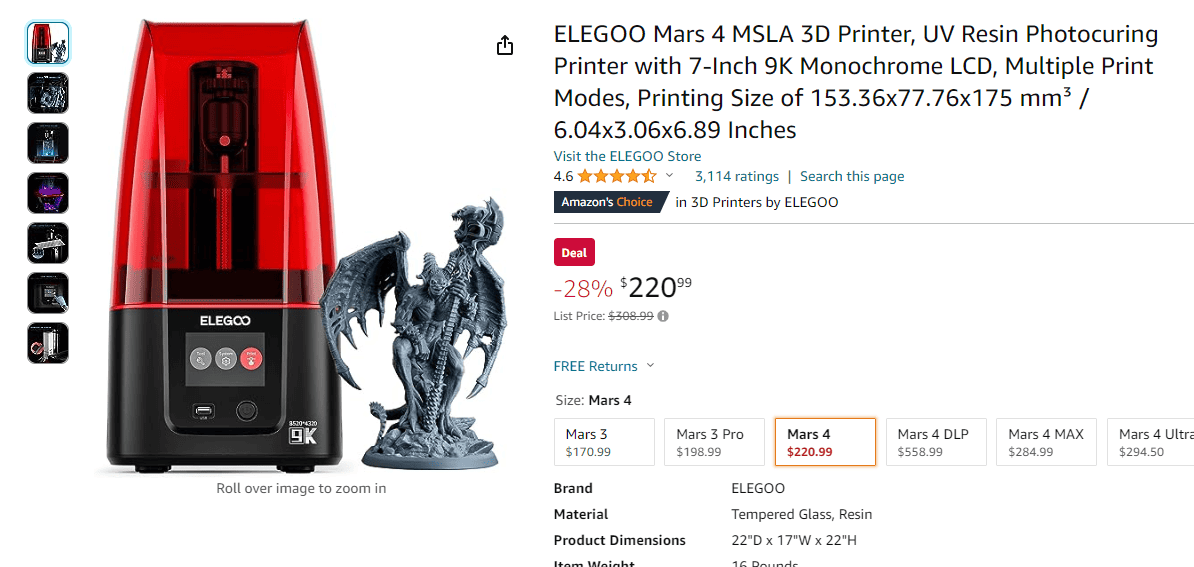 ELEGOO Mars 4 Resin 3D Printer, 7-Inch 9K Mono LCD, 6.04x3.06x6.89