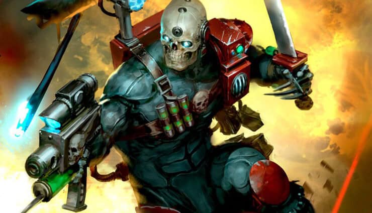 eversor assassin art springing to attack firing gun, taking fire warhammer 40k