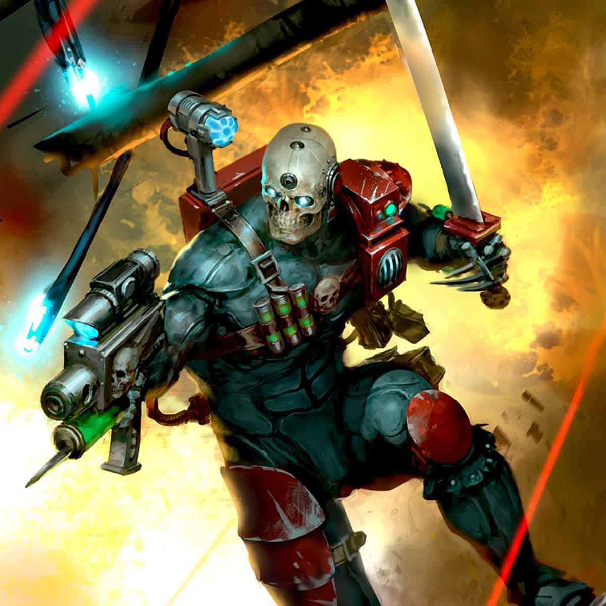 eversor assassin art springing to attack firing gun, taking fire warhammer 40k