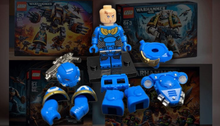 Space marine lego minifig parts with shaded lego kits for warhammer 40k in background