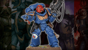 space marine sergeant with chapter faction art in background hor wal feature