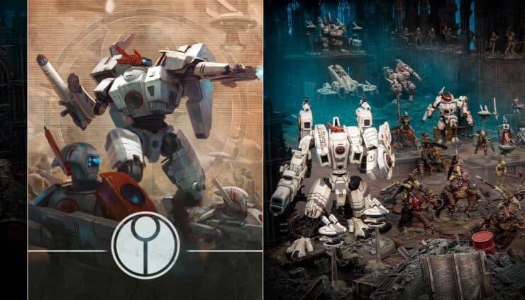tau faction images codex art on left and painted models on battlefield right
