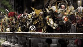 Horus heresy primarchs warhammer 40k standing on a outdoor patio talking with each other