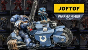 joytoy-warhammer-40k-space-marine-bike-with-ultramarine-painted-miniature-game-scale-on-top-checklist-background- glow