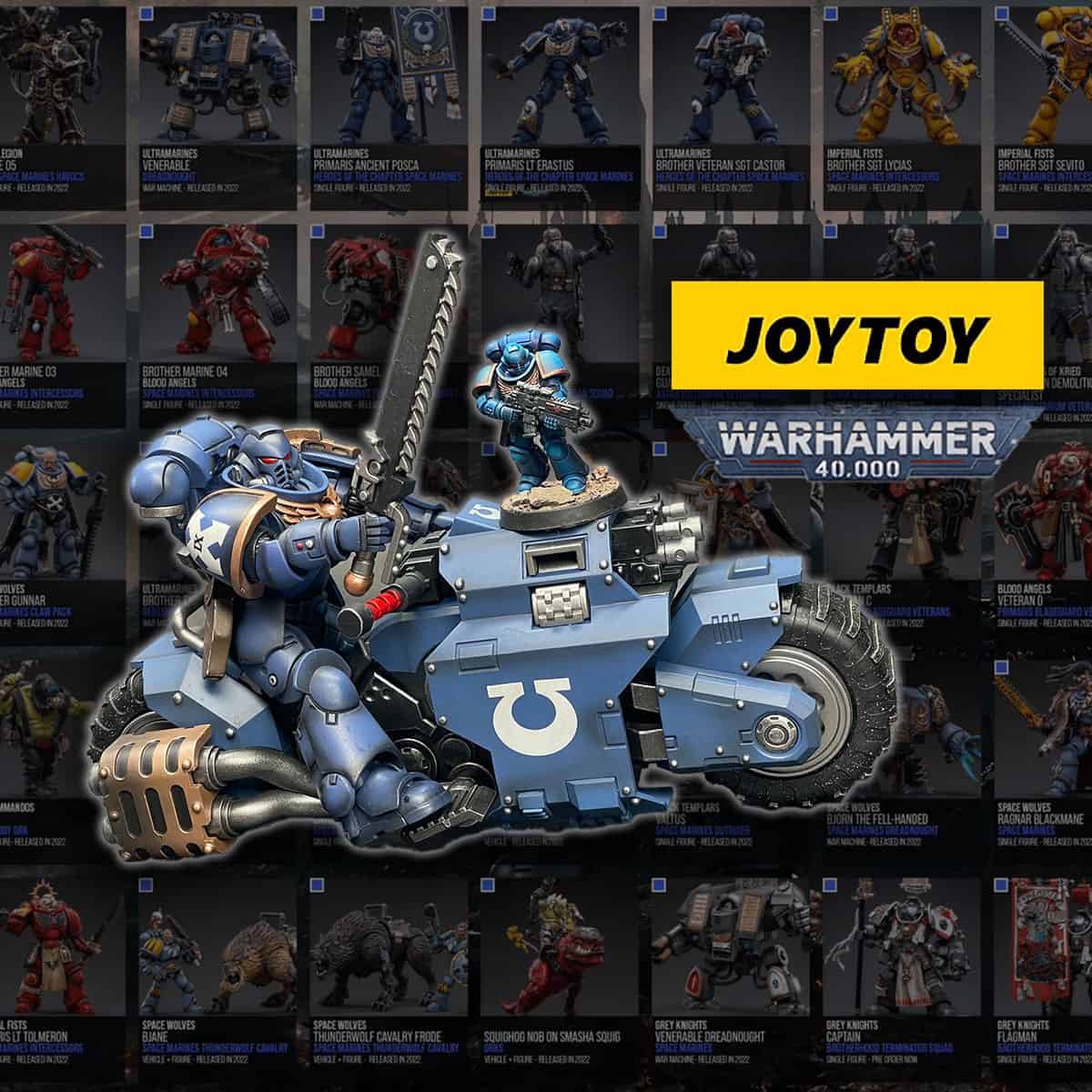 joytoy-warhammer-40k-space-marine-bike-with-ultramarine-painted-miniature-game-scale-on-top-checklist-background- glow