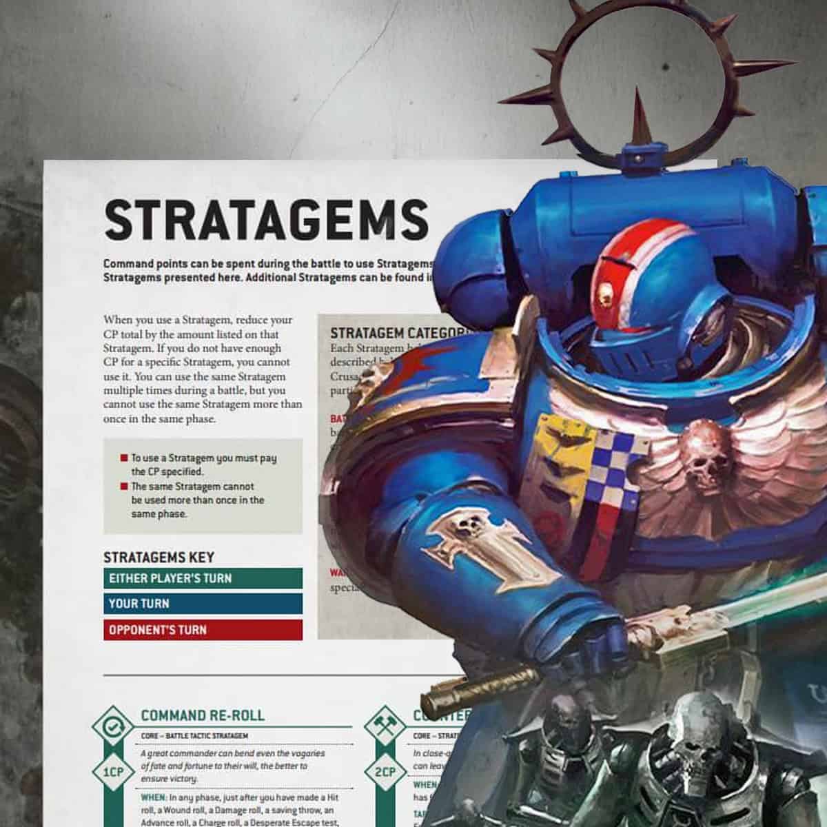 warhammer 40k stratagems rules with space marine clip art in front new edition