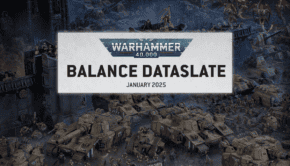 Balance Dataslate 40k faq january 2025 logo and painted guard army behind warhammer 40k 10th edition balance dataslate