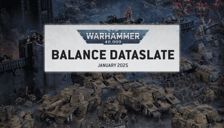 Balance Dataslate 40k faq january 2025 logo and painted guard army behind