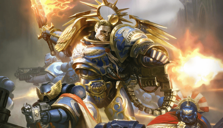 dark imperium book artwork warhammer 40k robute guillimane flanked by ultramarines with the emperors sword and cato sicarus factions best armies