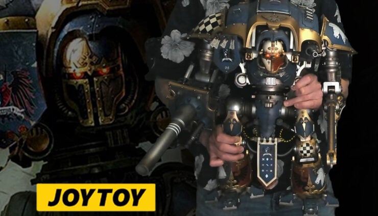 imperial knight joytoy action figure being held by man looks like a small child in his arms, 40k art in background from codex