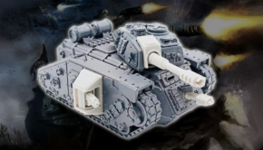 leman russ alterantive wolverine tank model with 40k art background faded