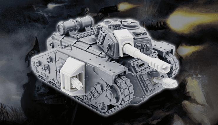 leman russ alterantive wolverine tank model with 40k art background faded