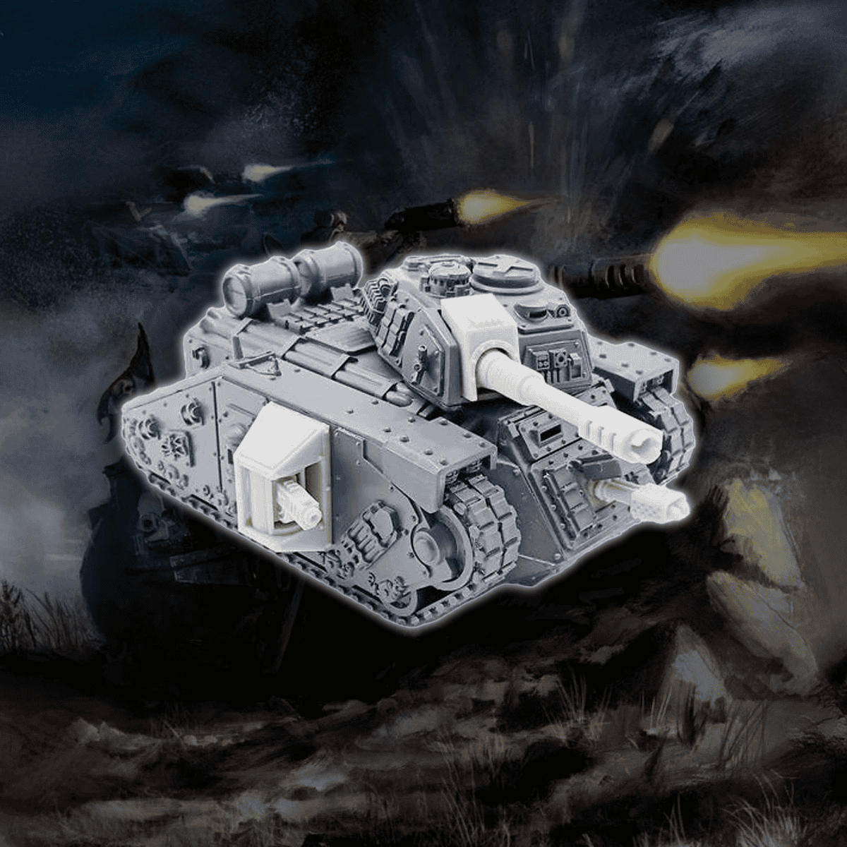 leman russ alterantive wolverine tank model with 40k art background faded