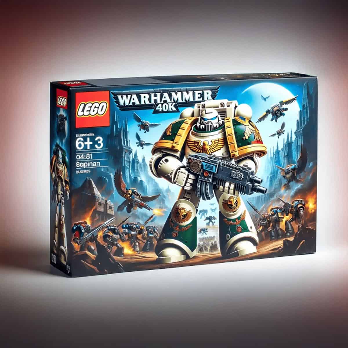 Lego warhammer 40k imaginary product box kit with space marine on front