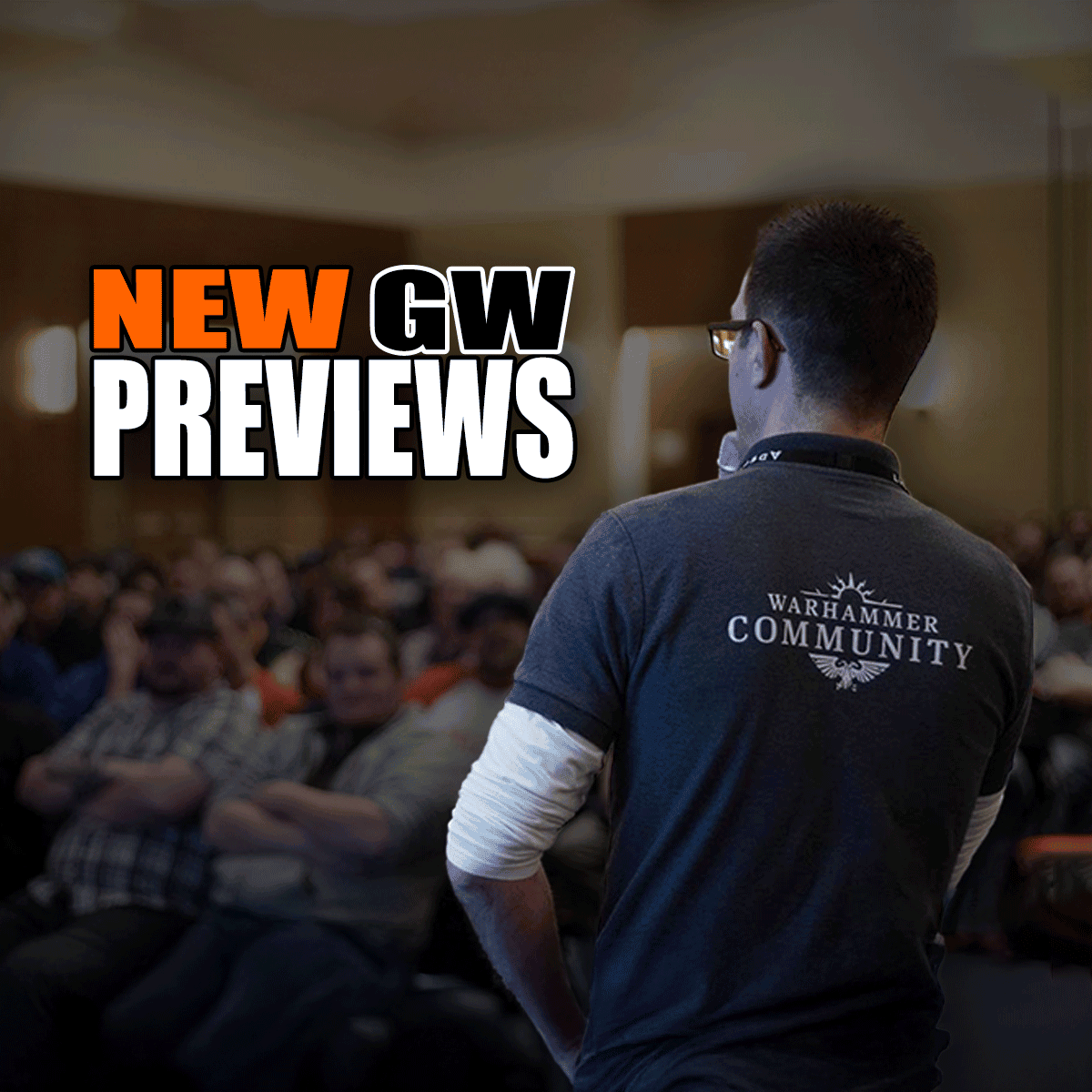 New preview GW Warhammer community presenter facing audience with mic