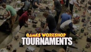 games workshop warhammer tounaments 40k players playing on tables with terrain GW logo 1200