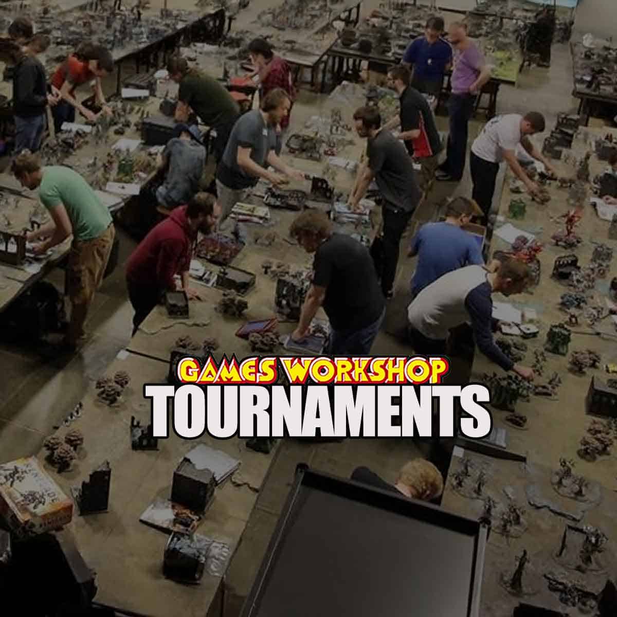 games workshop warhammer tounaments 40k players playing on tables with terrain GW logo 1200