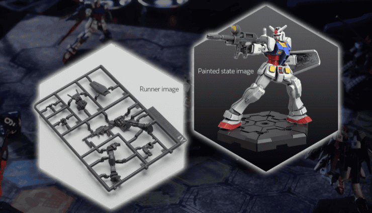 gundam assemble miniatures game painte minis on top of image of game being played hor wal