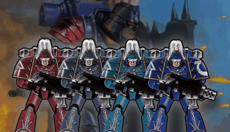 thunder warrior 40k different colors of armor and art of one advancing with weapons warhammer 40k