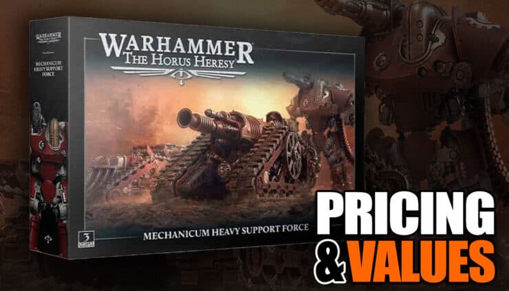 Horus Heresy mechanicum pre-order heavy support force pricing value box image with background art