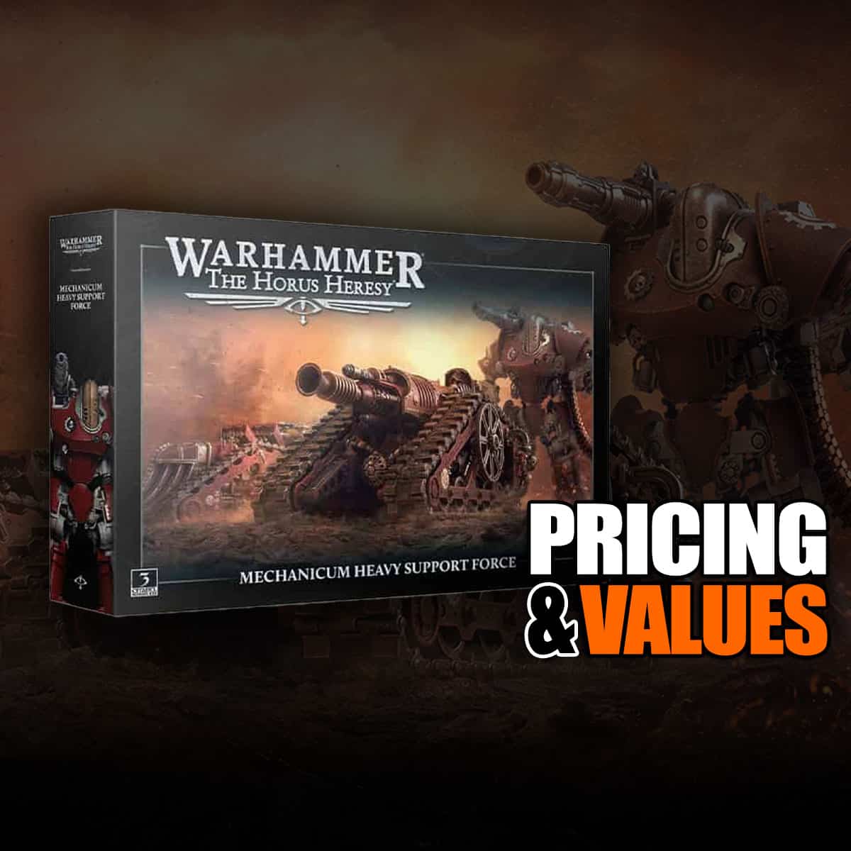 Horus Heresy mechanicum pre-order heavy support force pricing value box image with background art