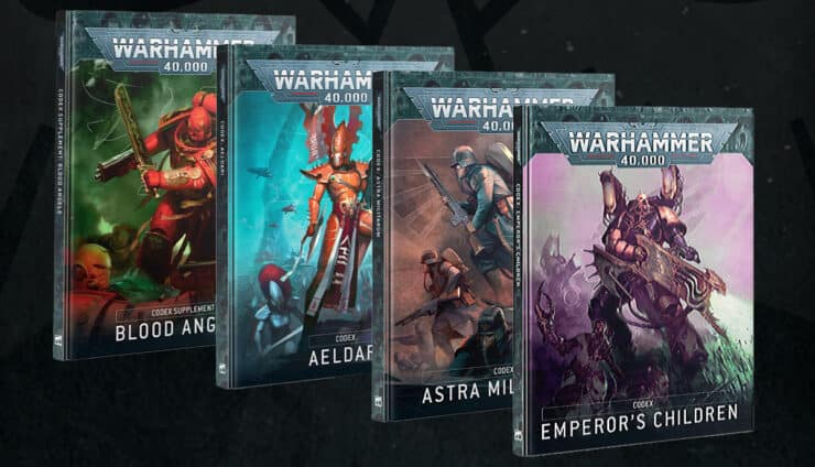 new codex roadmap 2025 book covers warhammer 40k emperor's children, blood angels, aeldari astra militarum