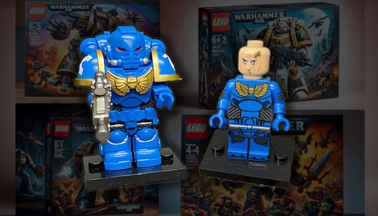 warhammer 40k style legos shows a space marine mini fig with armor on and off and renders of box art in background