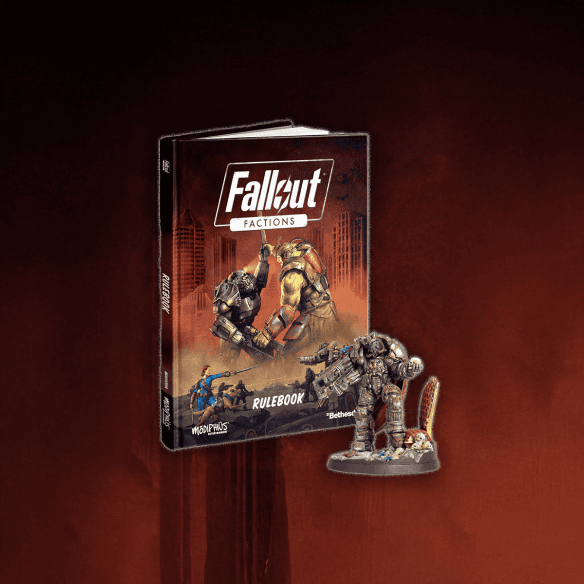 fallout factions rulebook promo image of figure and book