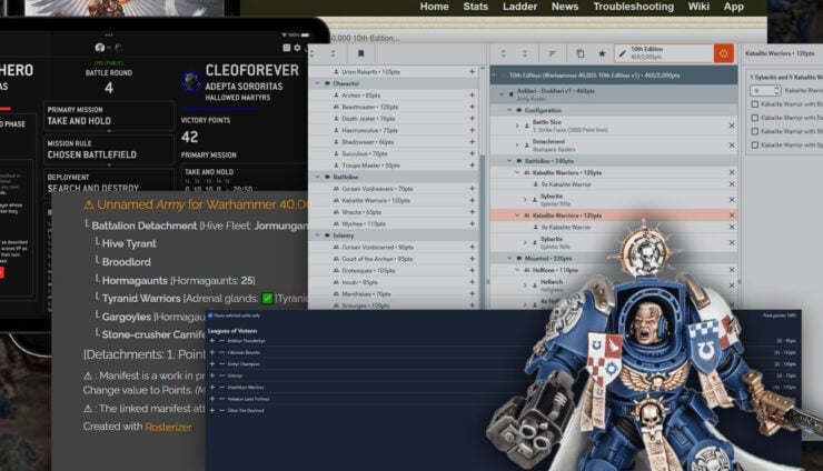 Warhammer 40k army builder app program collage of the best UI sceenshots