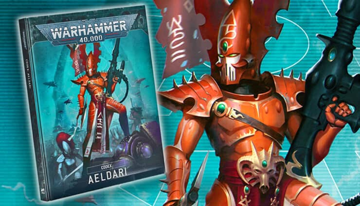 aeldari codex product image feugan in background holding fusing gun leering warhammer 40k hor wal