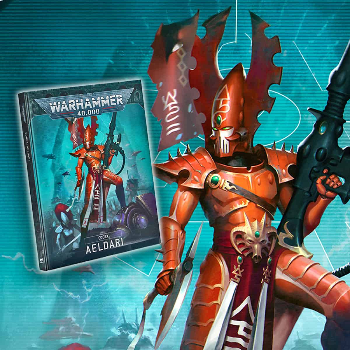 aeldari codex product image feugan in background holding fusing gun leering warhammer 40k hor wal