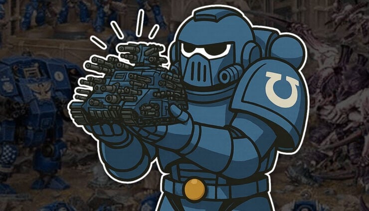 cartoon space marine holding a custom tank with painted models in the back ground
