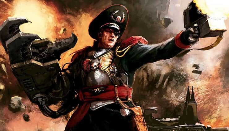 commissar yarrick codex art cover from black library book shooting stormbolter and temple of arrogance in background baneblade warhammer 40k