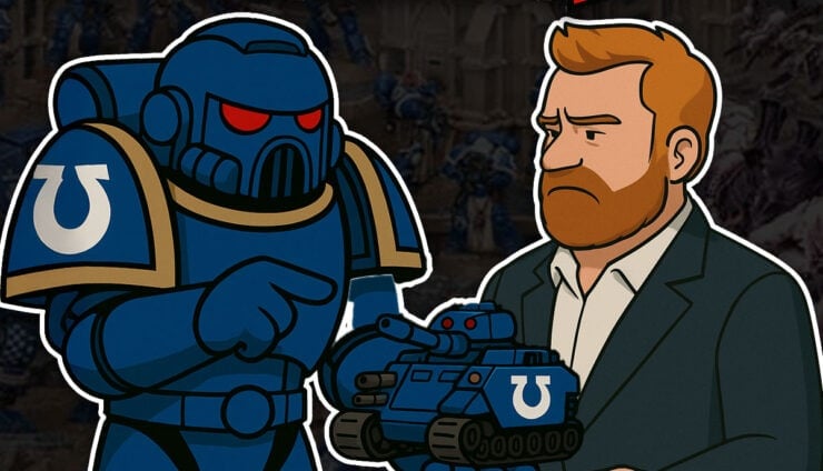 cartoon space marine upset with ceo with a games workshop store background