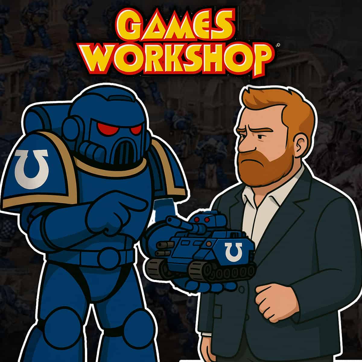 cartoon space marine upset with ceo with a games workshop store background