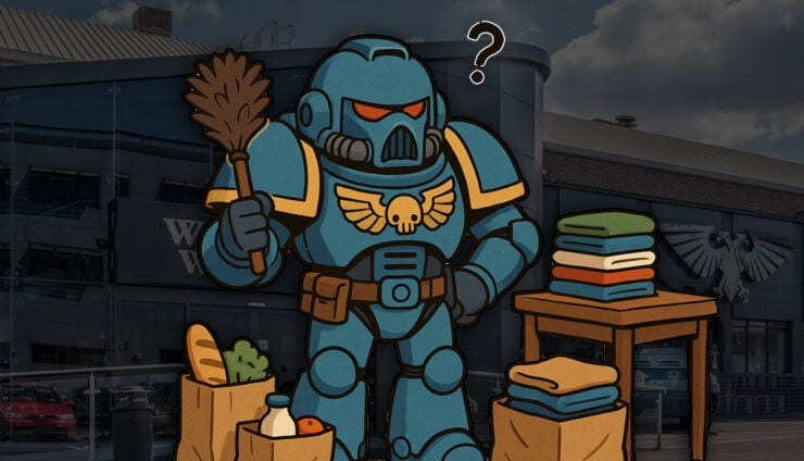cartoon space marine doing chores in front of warhamemr world