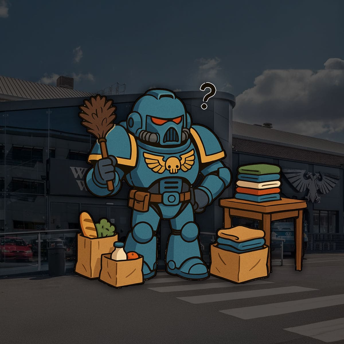 cartoon space marine doing chores in front of warhamemr world