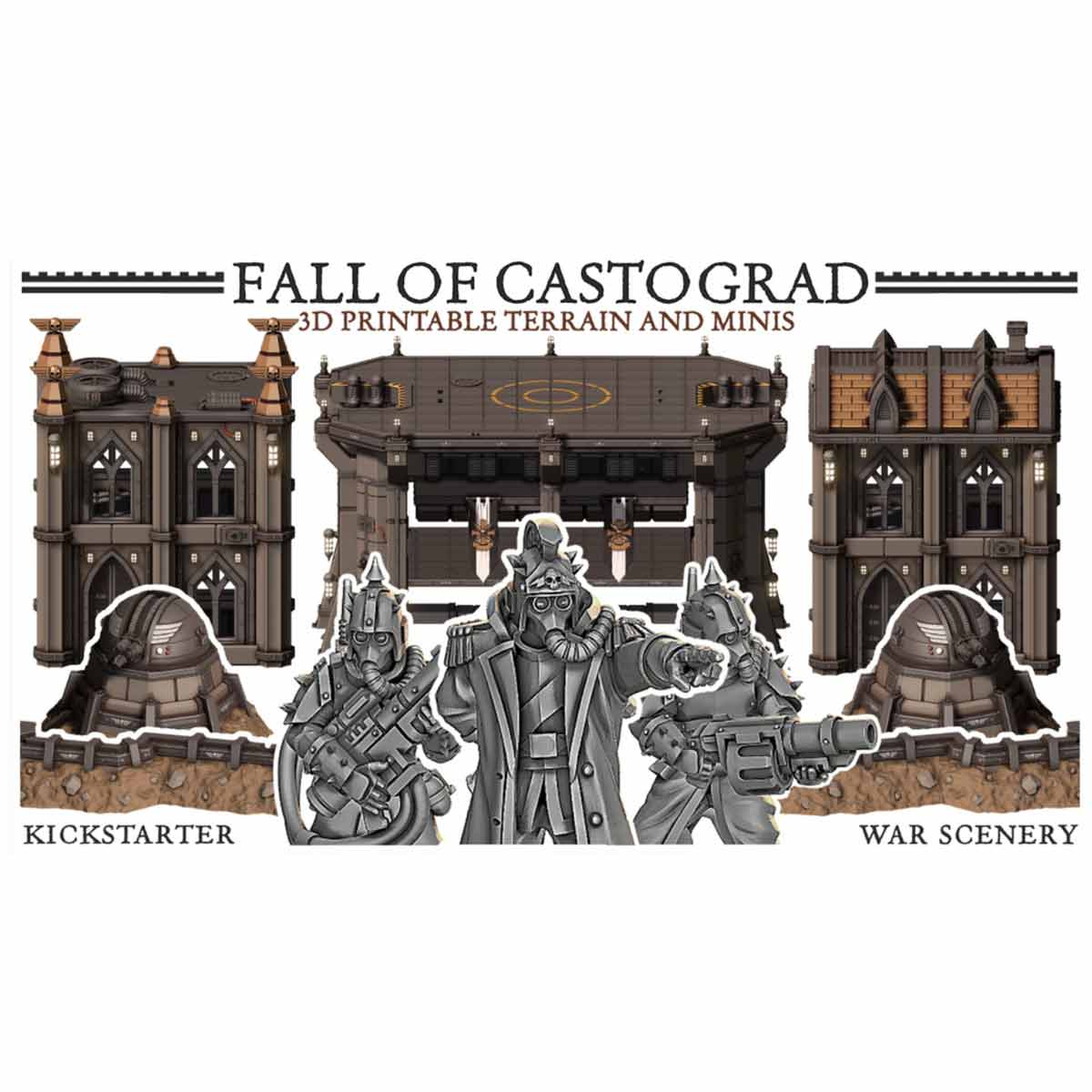 fall of castograd kickstarter header image with miniature and terrain renders