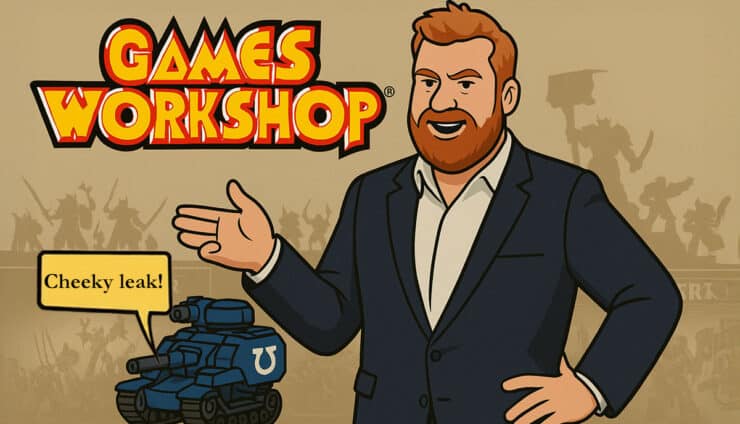 games workshop ceo and logo with models in background text box cheeky leak rumors